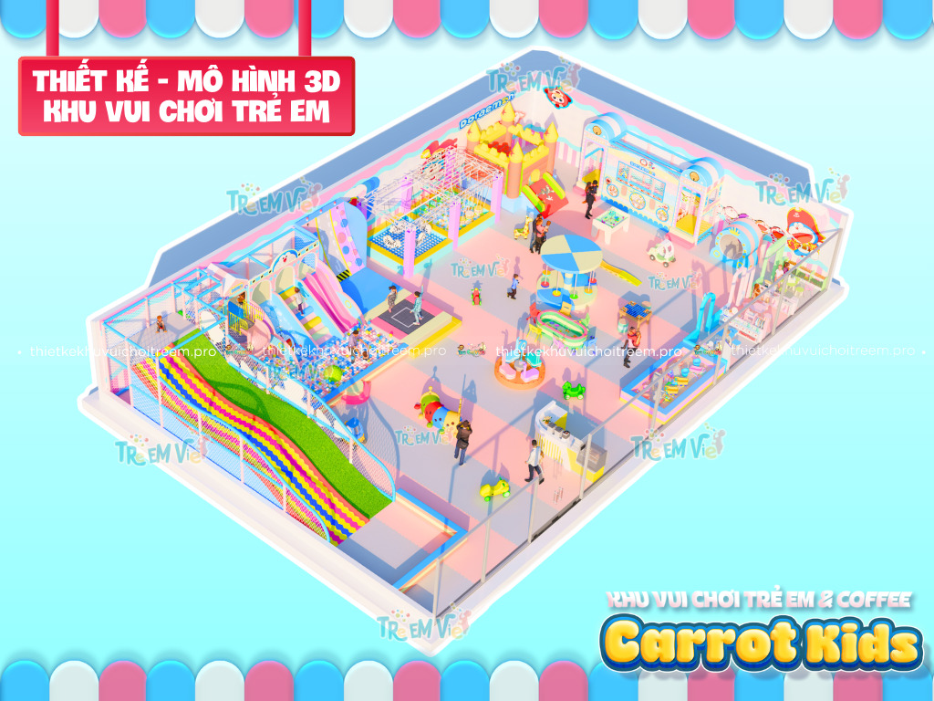 Phối màu pastel tươi sáng cho thiết kế khu vui chơi trẻ em Carrot Kids