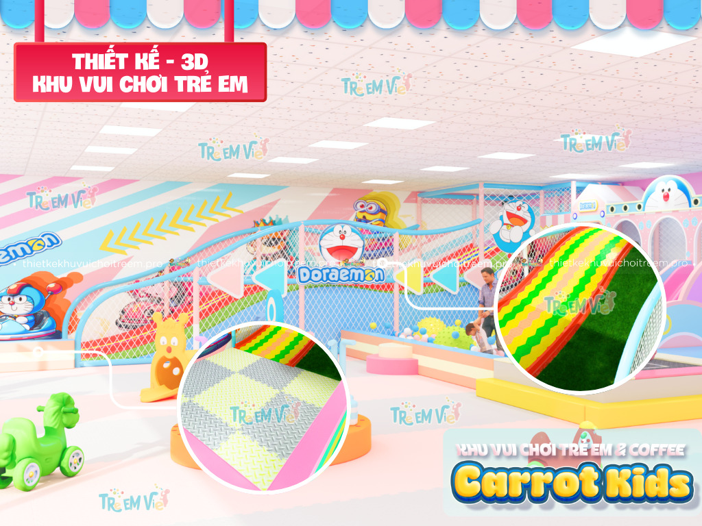 Chi tiết đường trượt phao khô sặc sỡ với hình ảnh Doraemon đáng yêu cho thiết kế khu vui chơi trẻ em