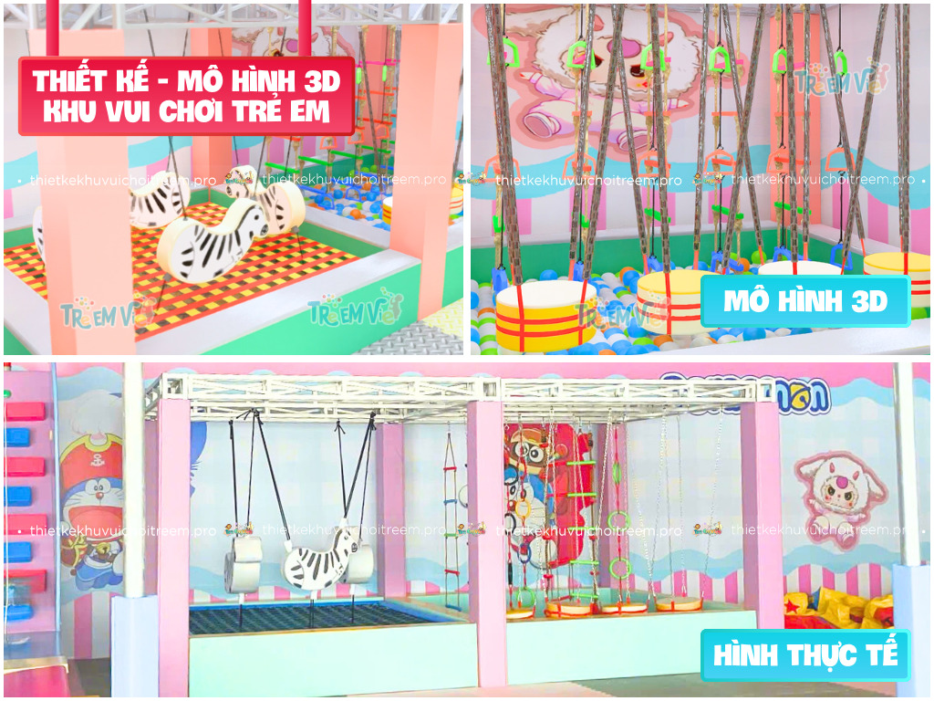 Lắp đặt khu vui chơi trẻ em khớp hoàn toàn với mô hình thiết kế 3D