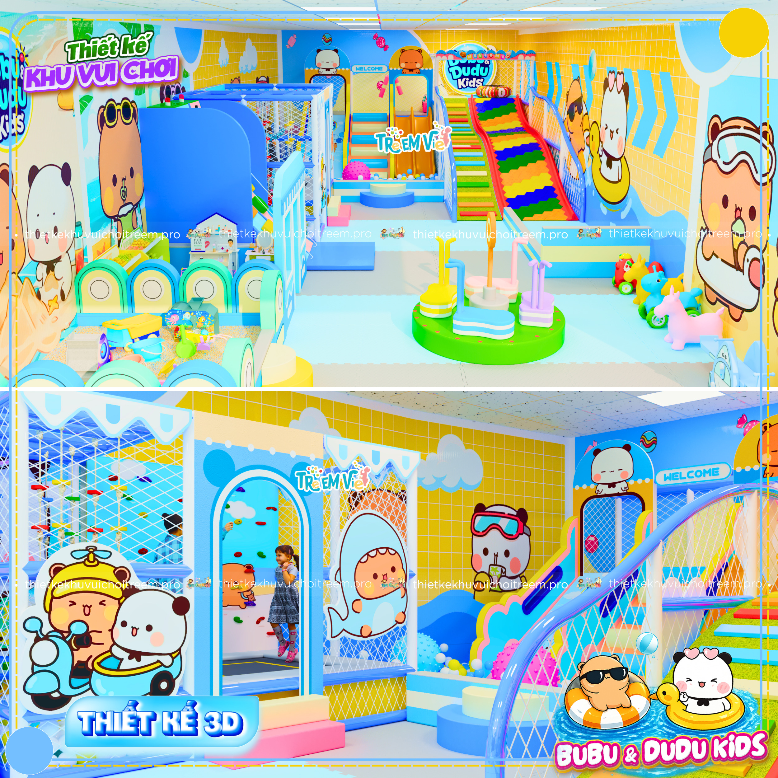 Khu vui chơi tone màu xanh biển pastel mát mắt của dự án thiết kế khu vui chơi Tây Ninh - Bubu & Dudu Kids
