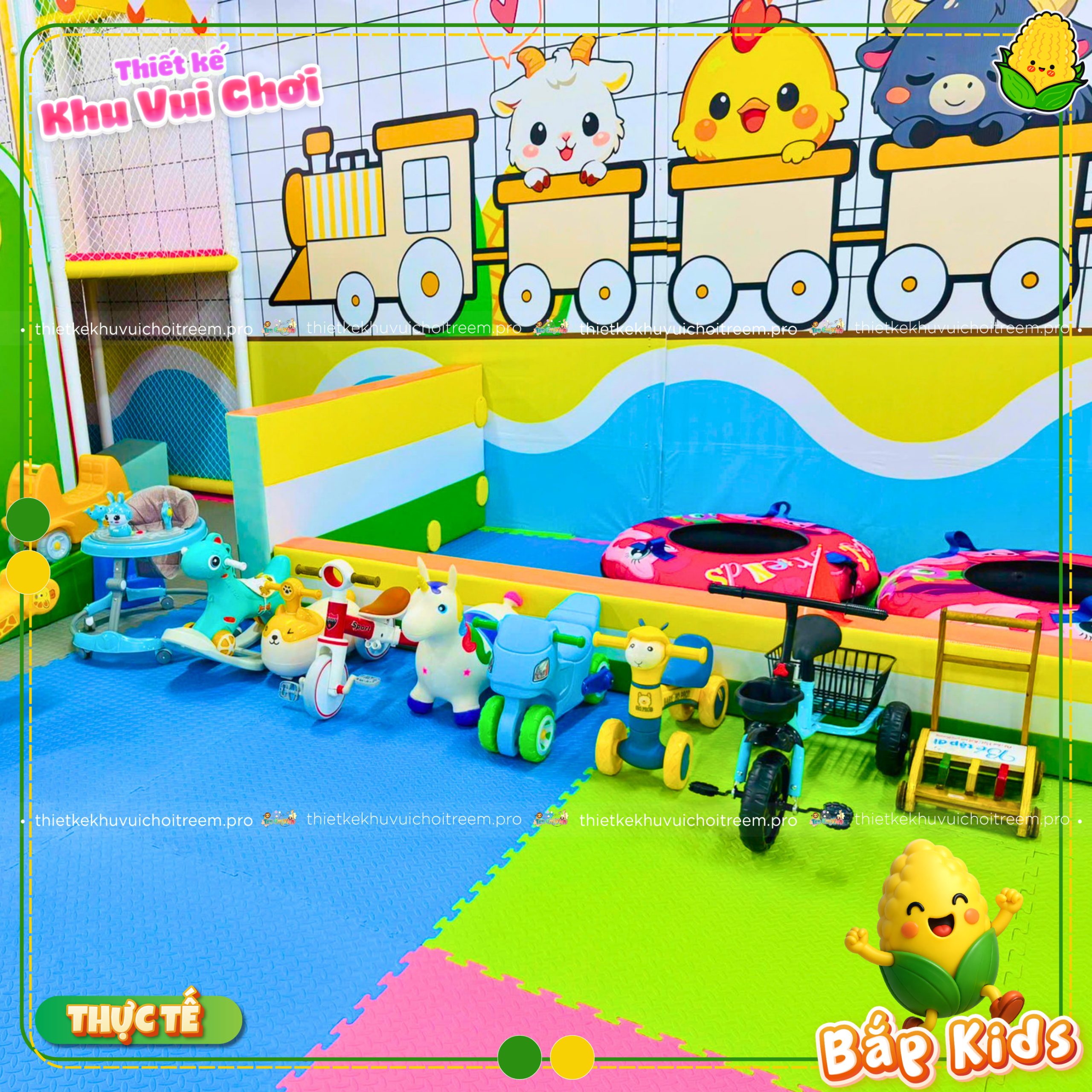 Xe chòi chân và thú nhún trong dự án thiết kế khu vui chơi Cần Thơ Bắp Kids