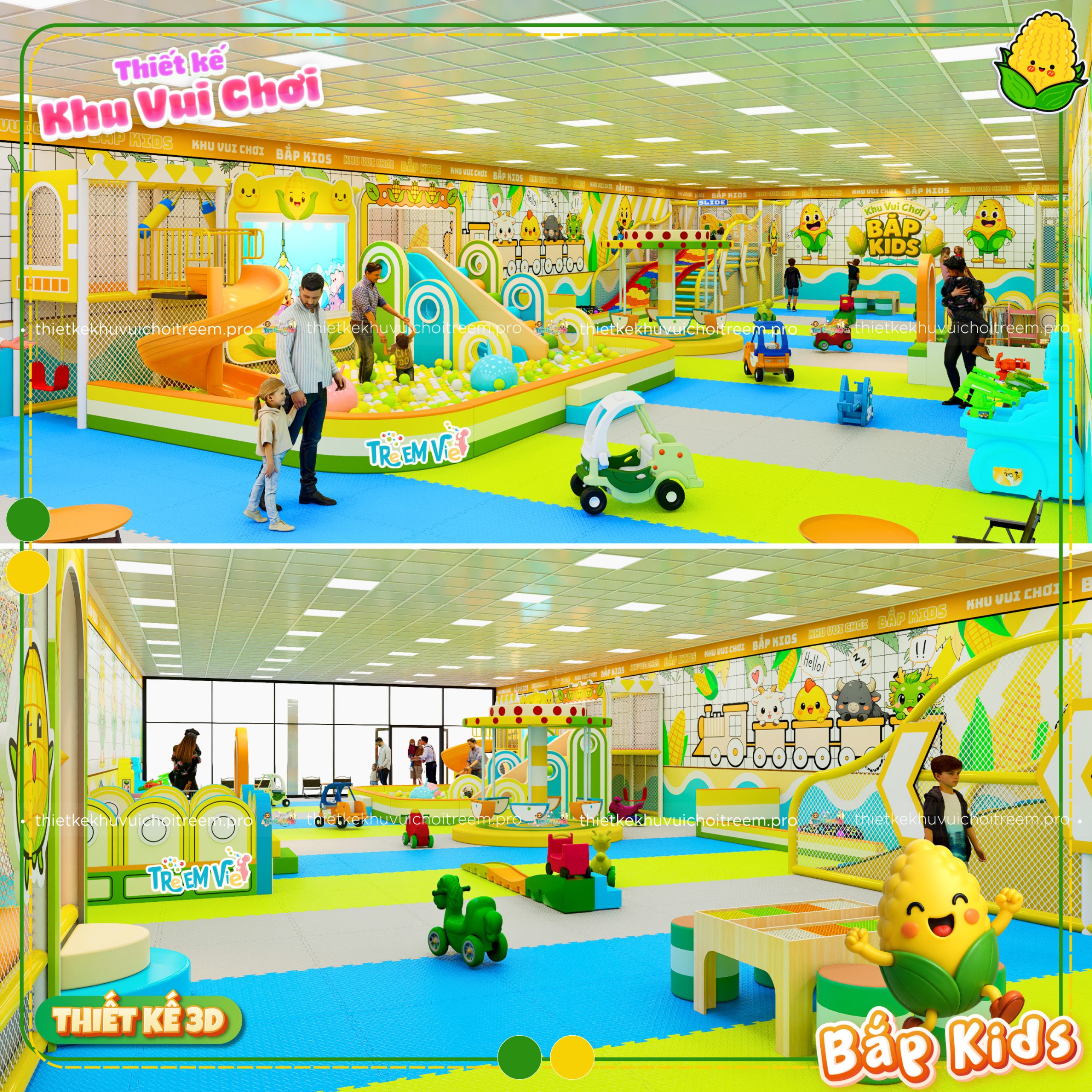 Phối màu vàng - xanh lá đẹp mắt của dự án thiết kế khu vui chơi Cần Thơ Bắp Kids