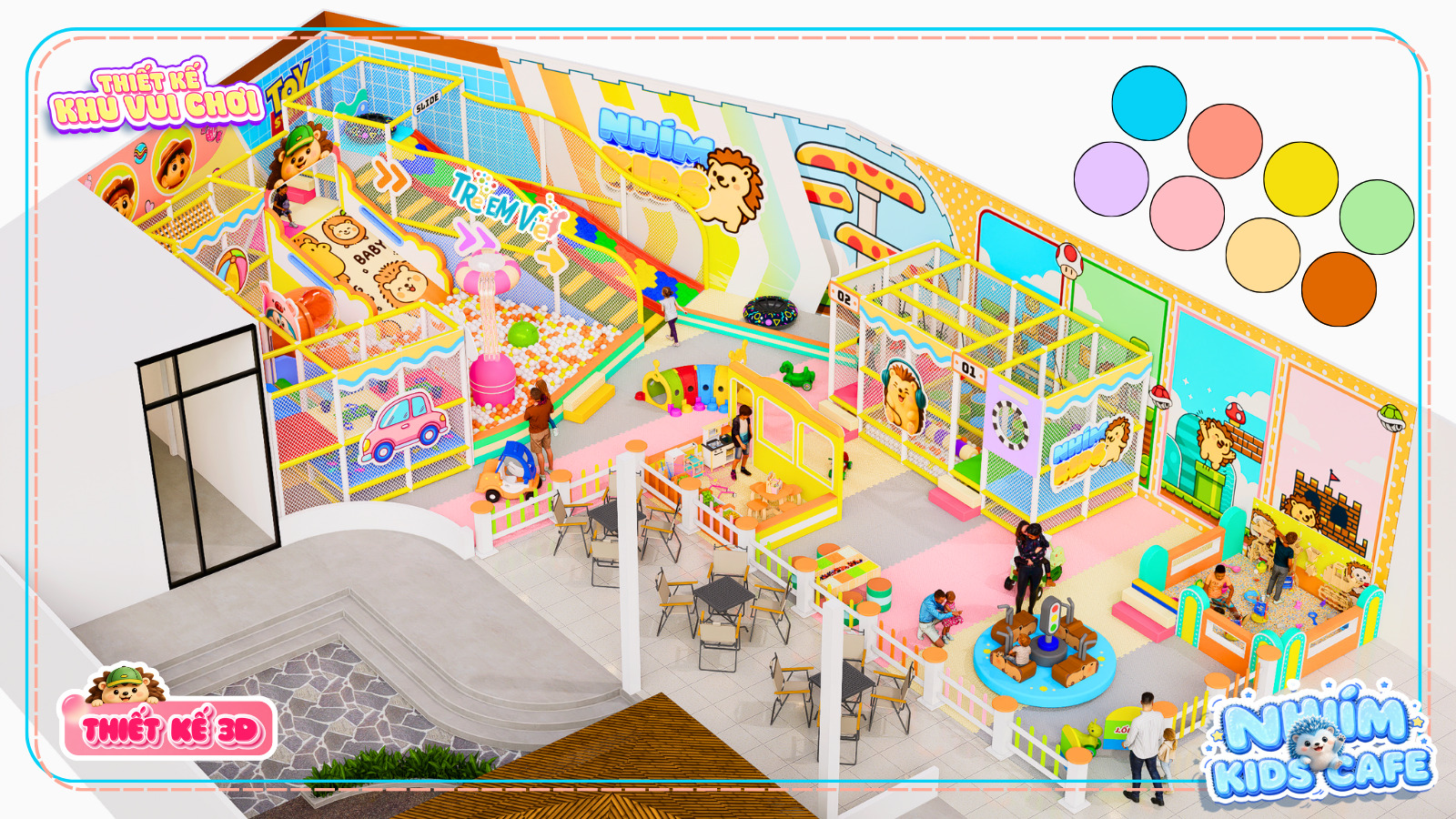 Phối màu thông minh trong dự án thiết kế khu vui chơi Bình Định - Nhím Kids Cafe