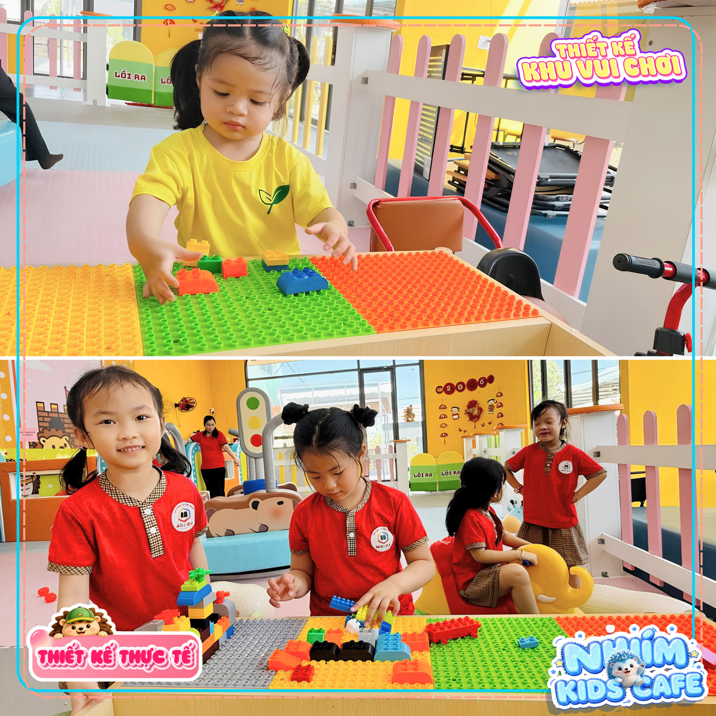 Bàn xếp lego trong dự án thiết kế khu vui chơi Bình Định - Nhím Kids Cafe