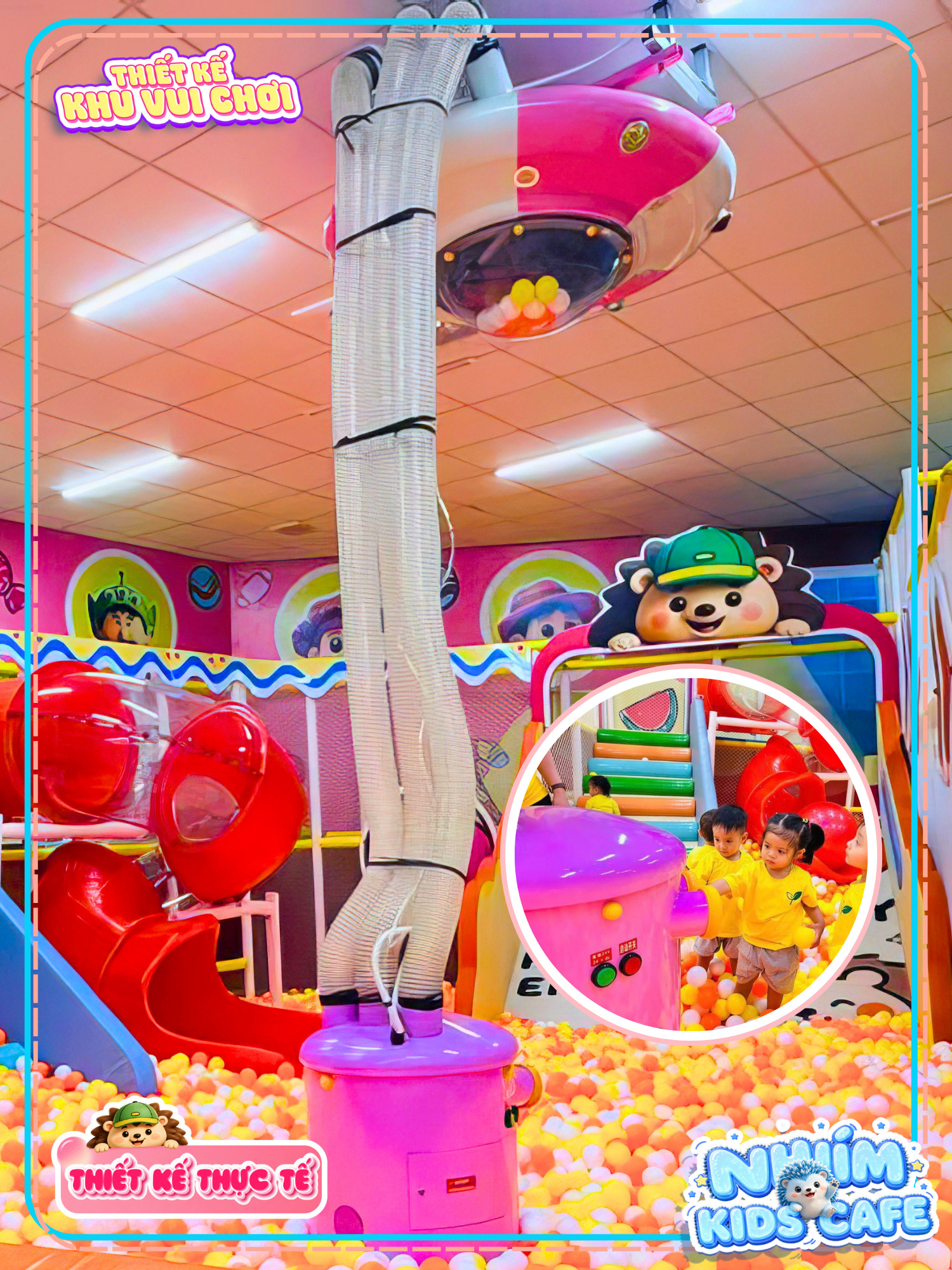 Máy hút đổ bóng thông minh trong dự án thiết kế khu vui chơi Bình Định - Nhím Kids Cafe