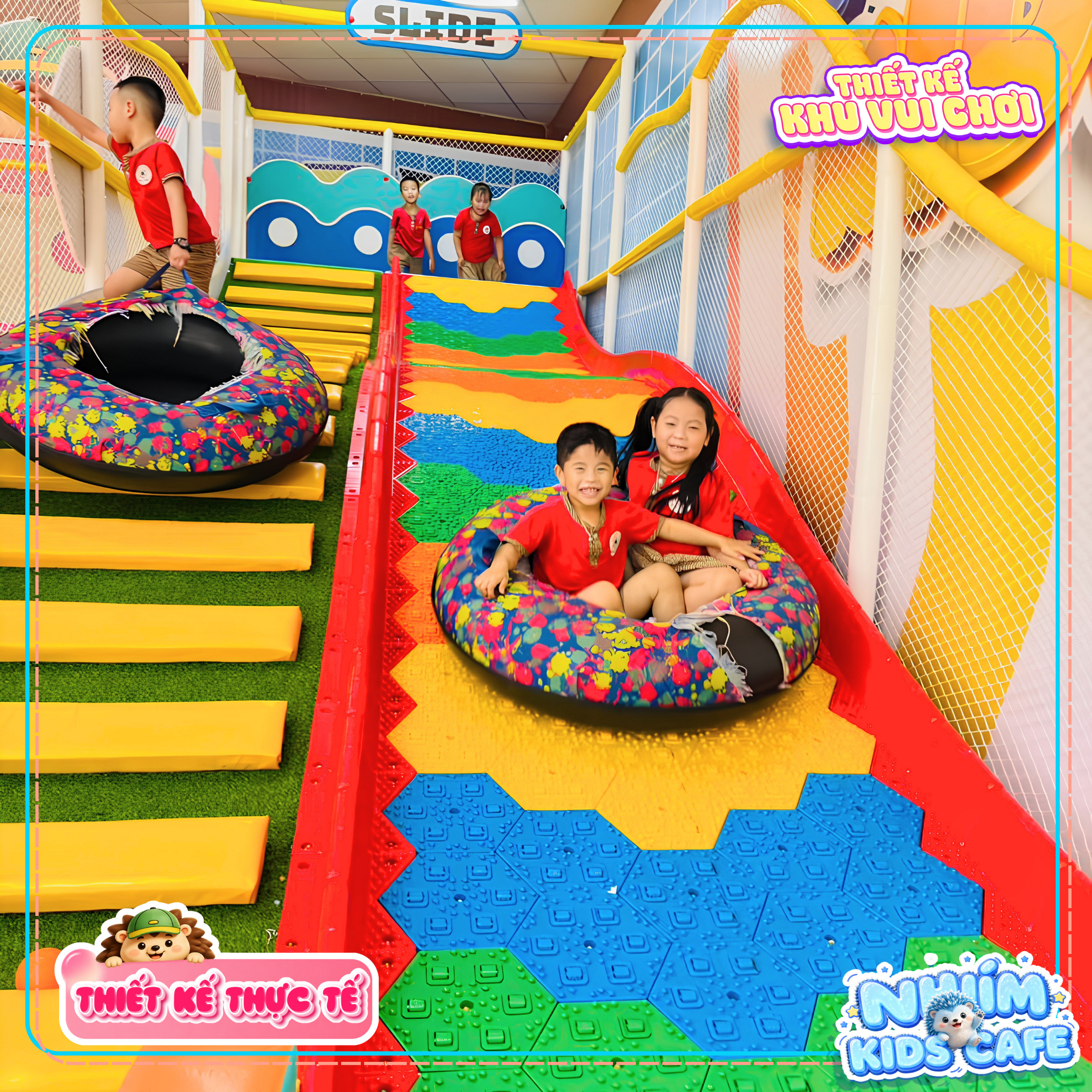 Đường trượt phao khô cầu vồng trong dự án thiết kế khu vui chơi Bình Định - Nhím Kids Cafe