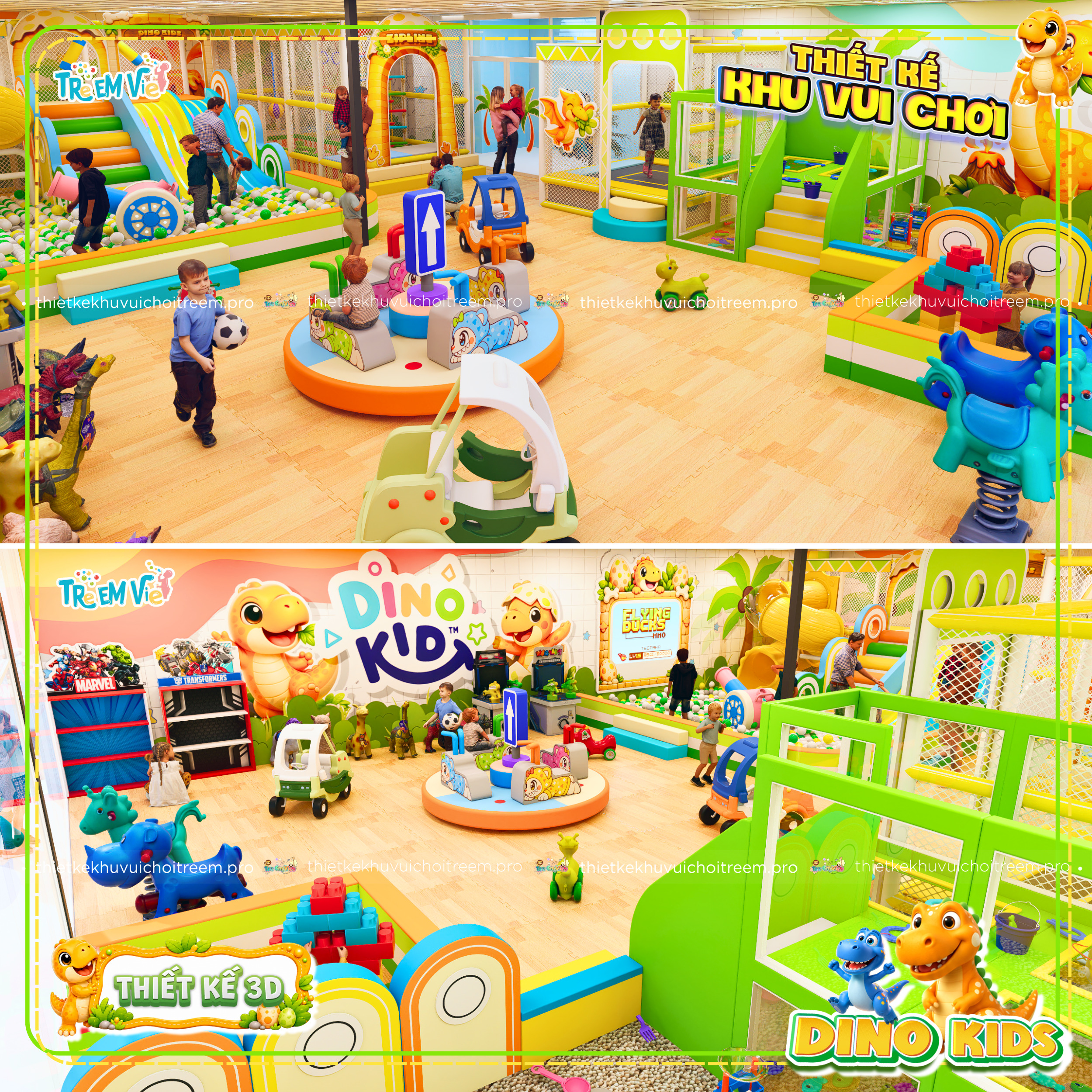 Phối màu xanh lá & vàng nổi bật của dự án thiết kế khu vui chơi Long An - Dino Kids
