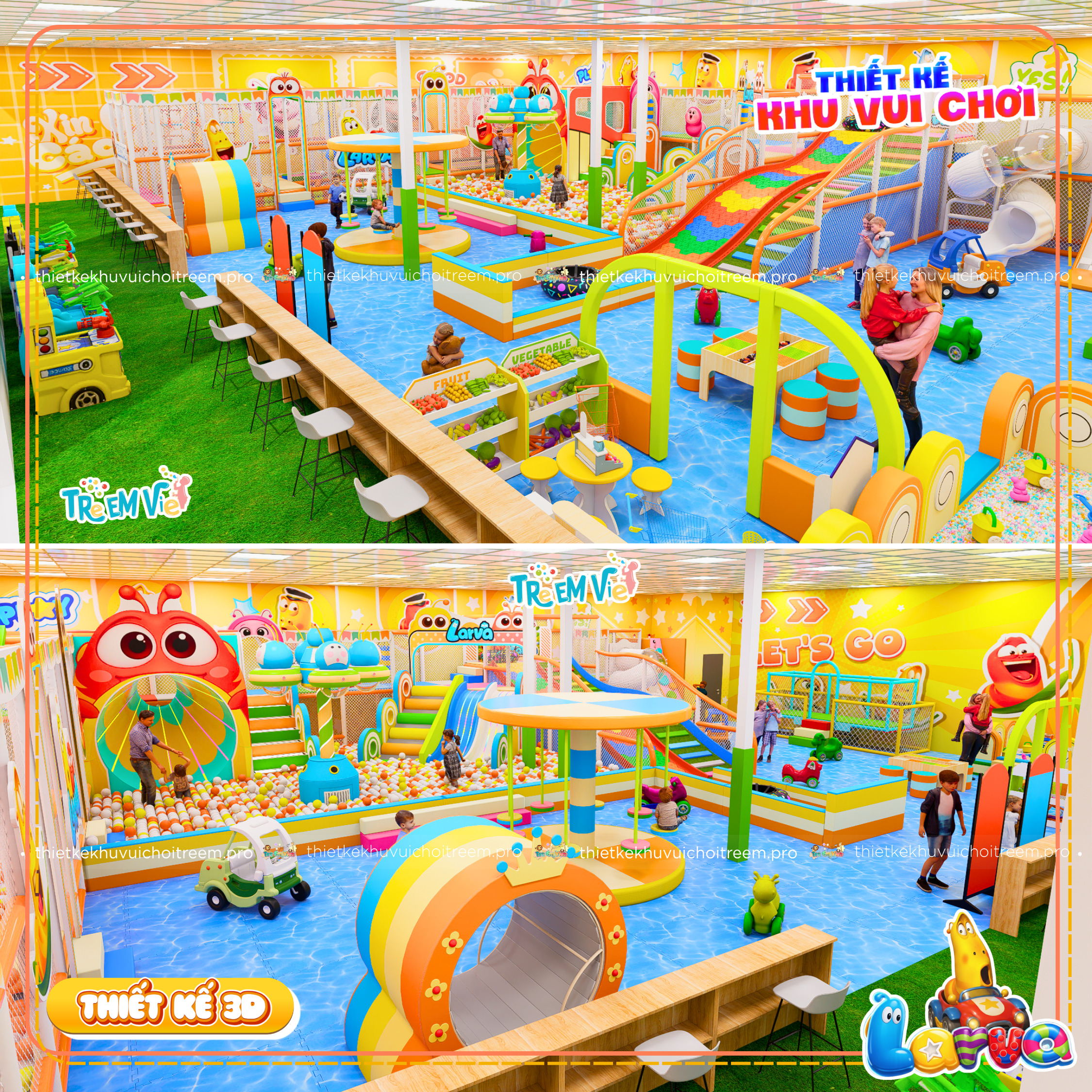 Phối màu vàng cam bắt mắt của dự án thiết kế khu vui chơi Gia Lai - Larva Kids