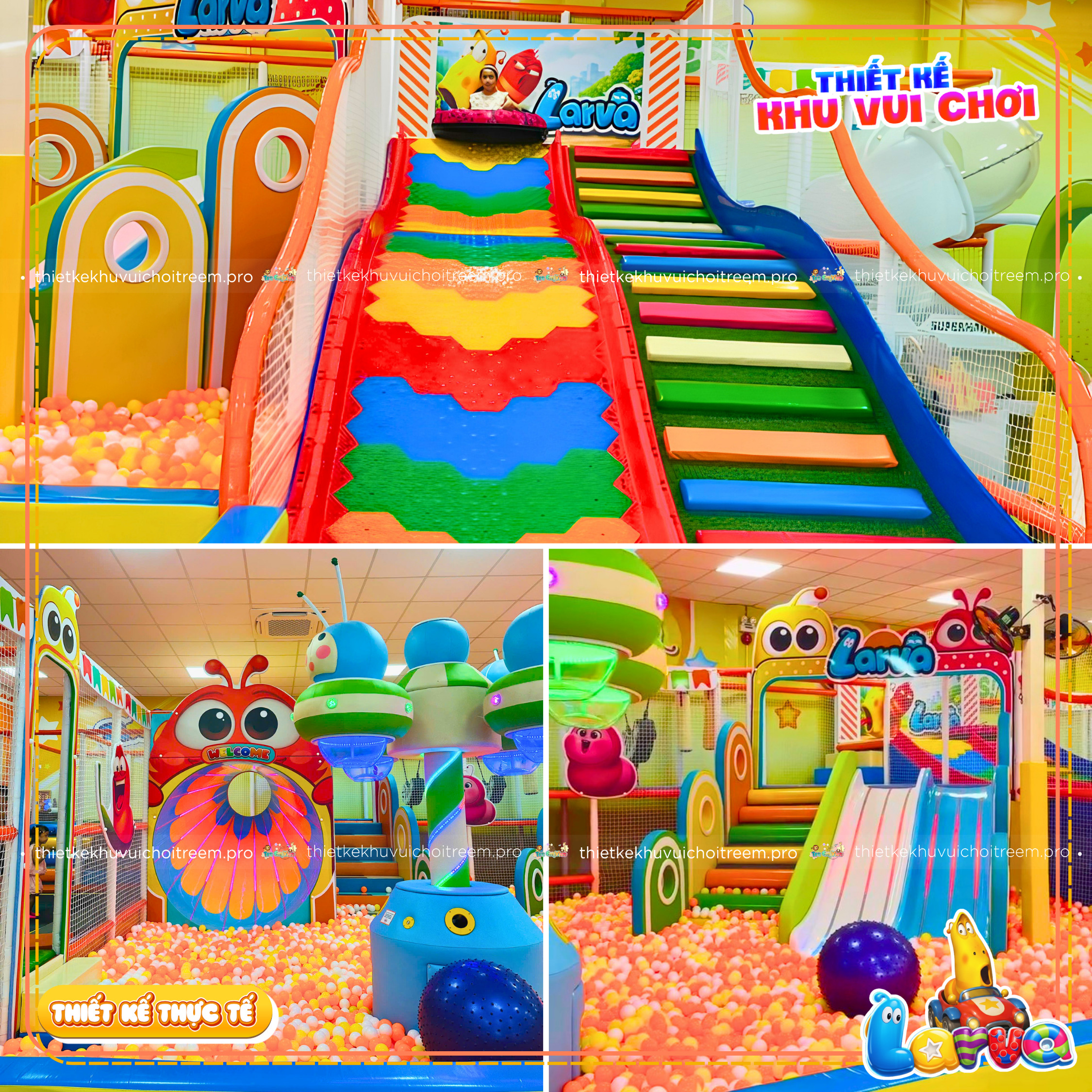 Hệ thống 4 loại cầu trượt trendy của dự án thiết kế khu vui chơi Gia Lai - Larva Kids