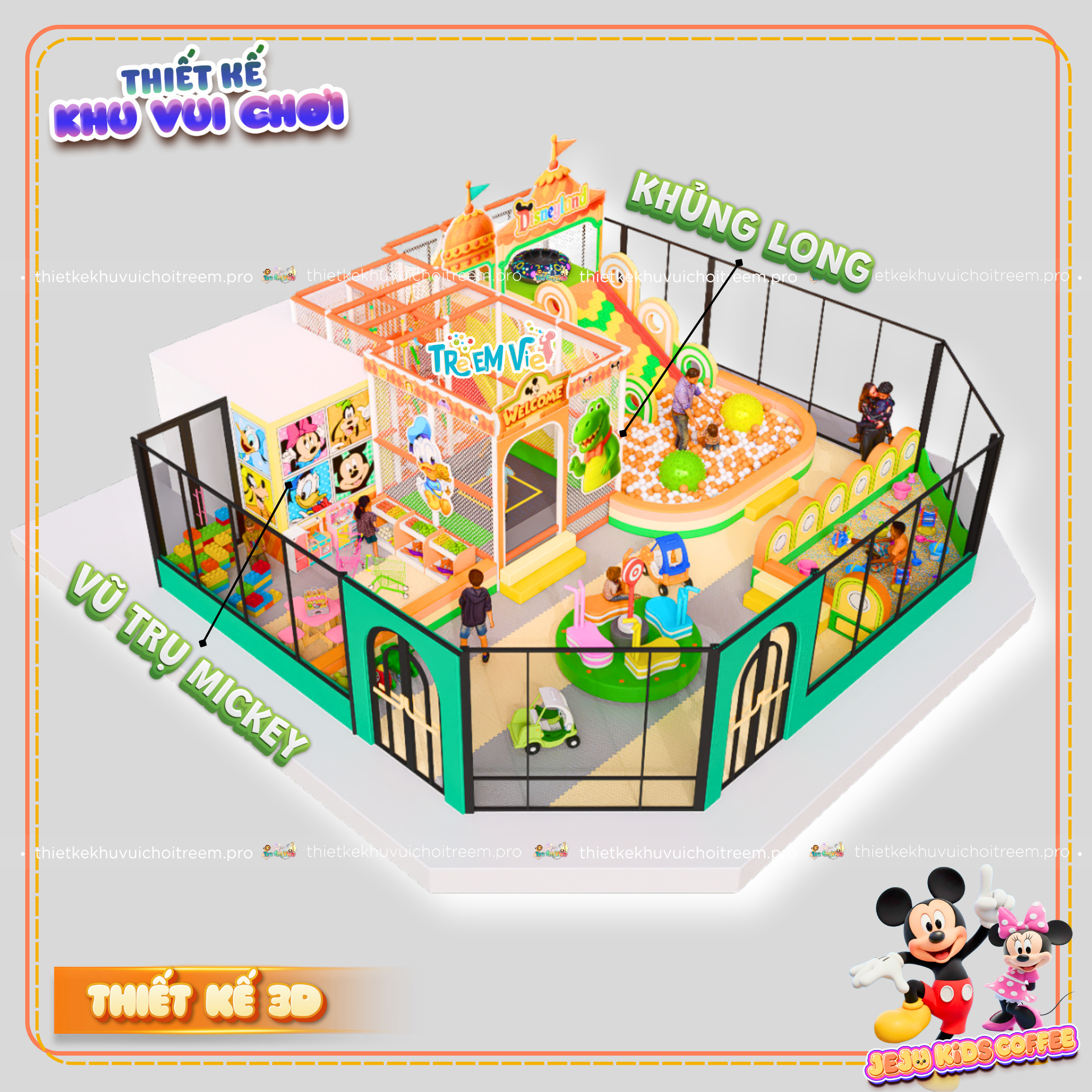Chủ đề Mickey kết hợp khủng long của dự án thiết kế khu vui chơi Tây Ninh - Jeju Kids Coffee
