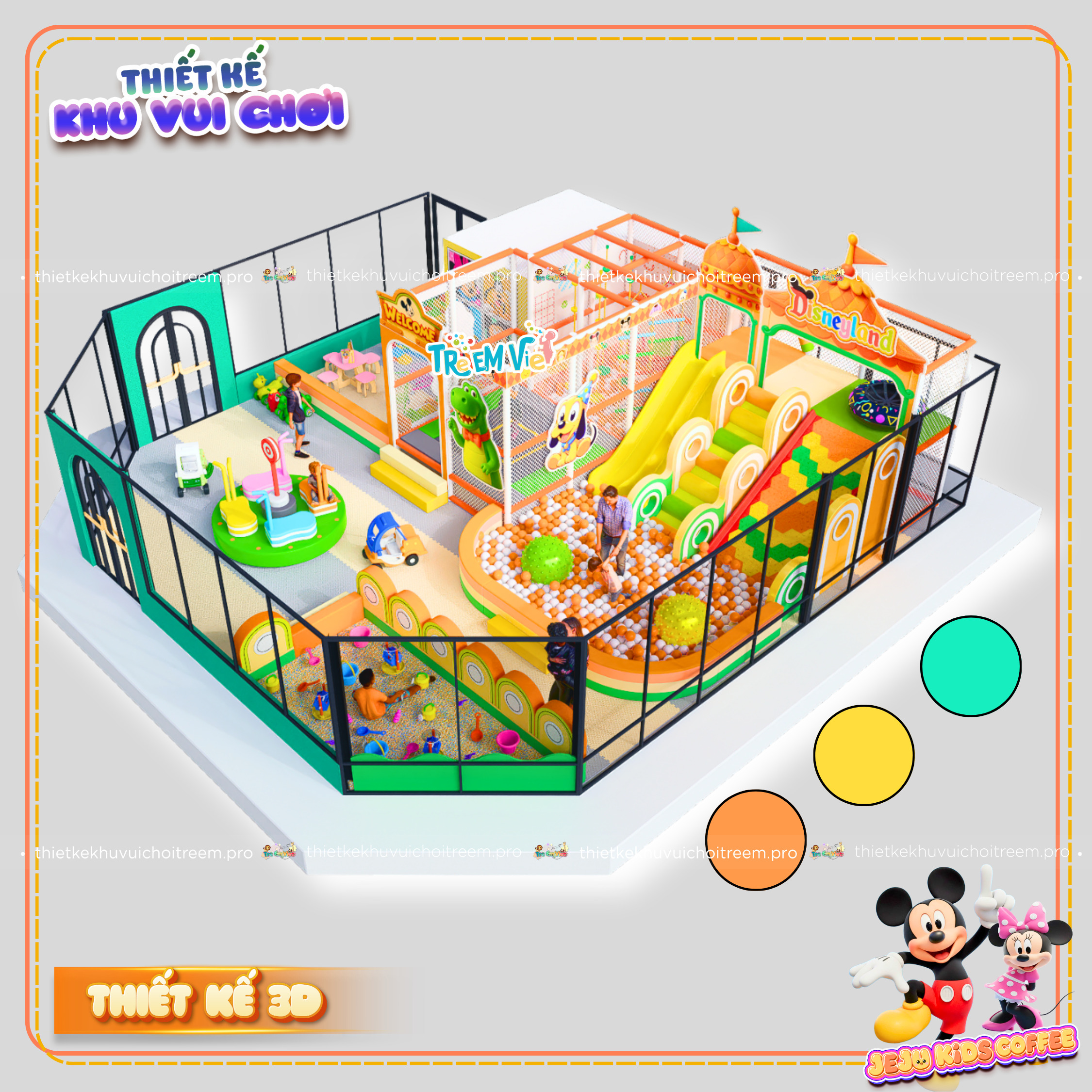 Phối màu cam điểm xuyết xanh lá của dự án thiết kế khu vui chơi Tây Ninh - Jeju Kids Coffee