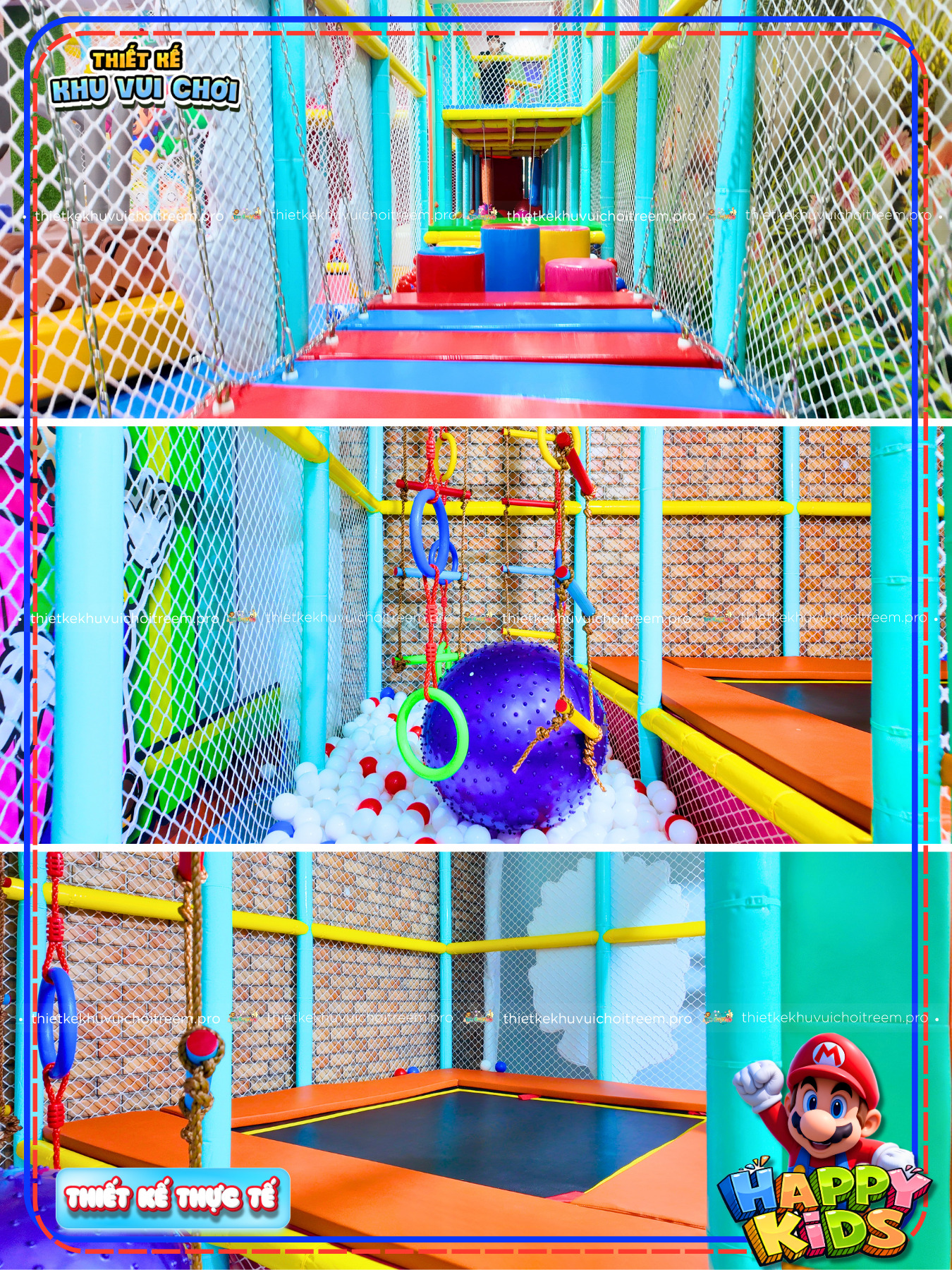 Sàn nhún trampoline kết hợp sasuke của dự án thiết kế khu vui chơi Bình Tân - Happy Kids