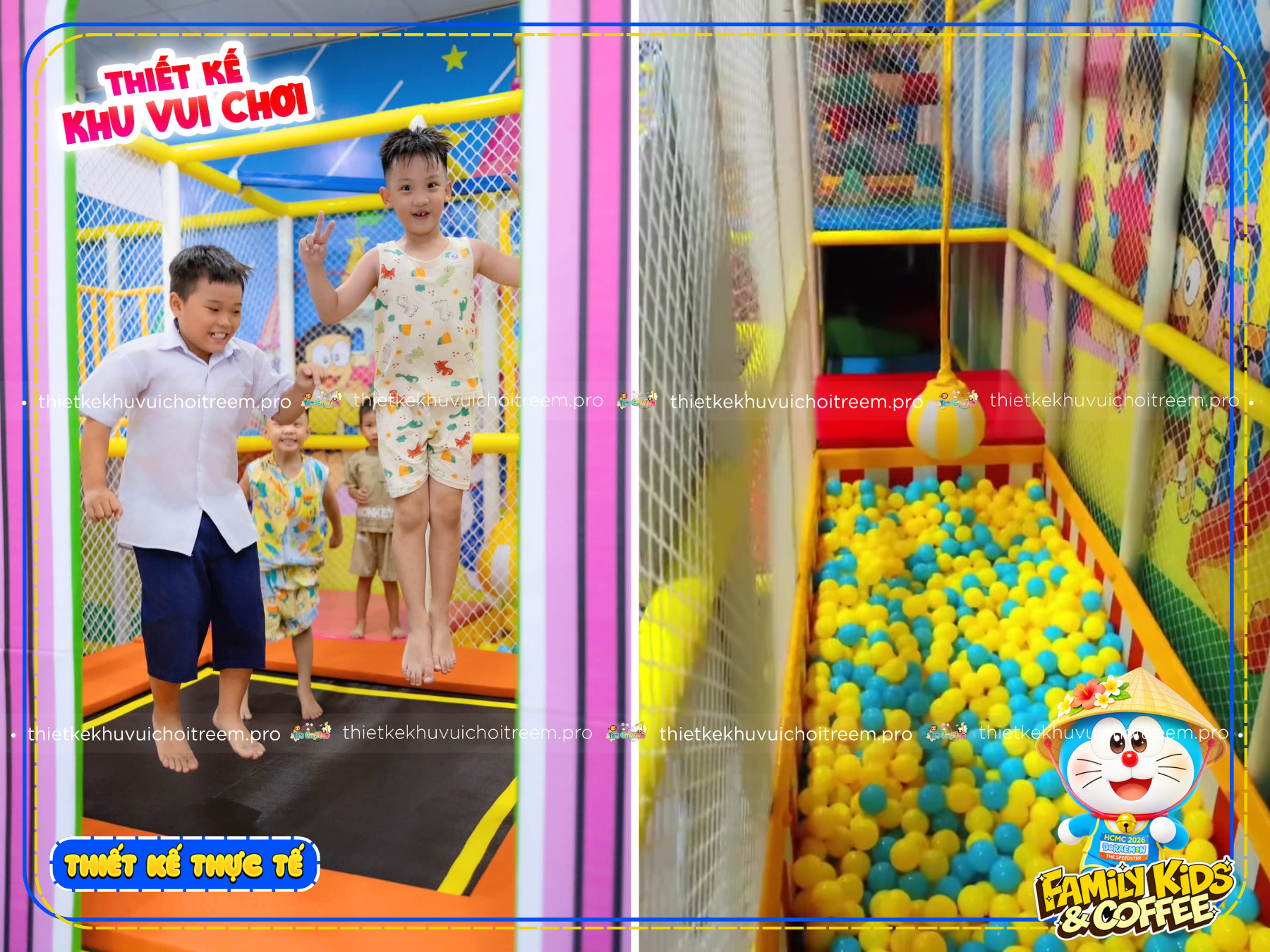 Sàn nhún trampoline & trượt zipline của dự án thiết kế khu vui chơi Khánh Hòa - Family Kids & Coffee